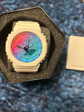 G-Shock White Watch with Rainbow Gradient Dial